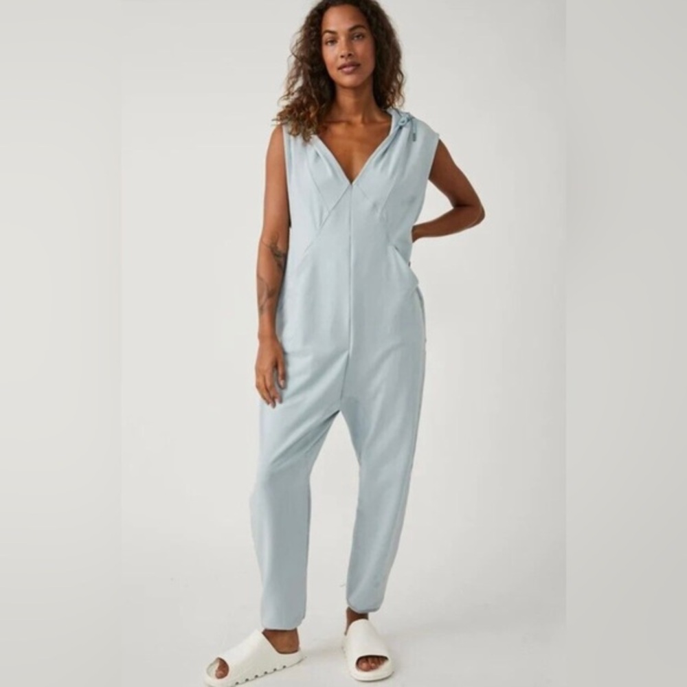 Free People movement nothing but sweats blue hooded  jumpsuit size Large